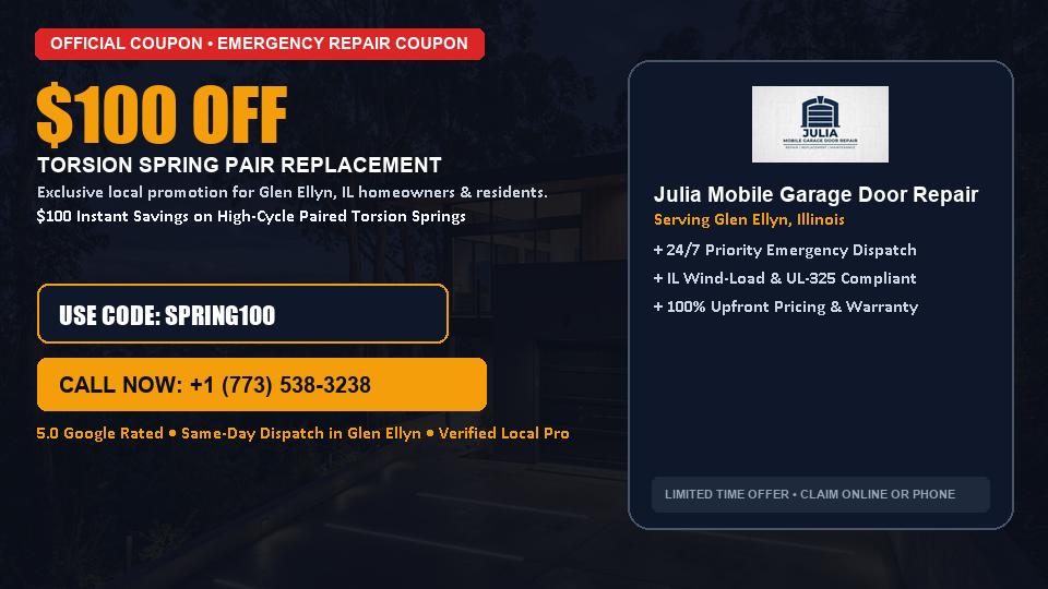 $100 OFF Dual High-Cycle Torsion Spring Replacement in Glen Ellyn, IL - Julia Mobile Garage Door Repair